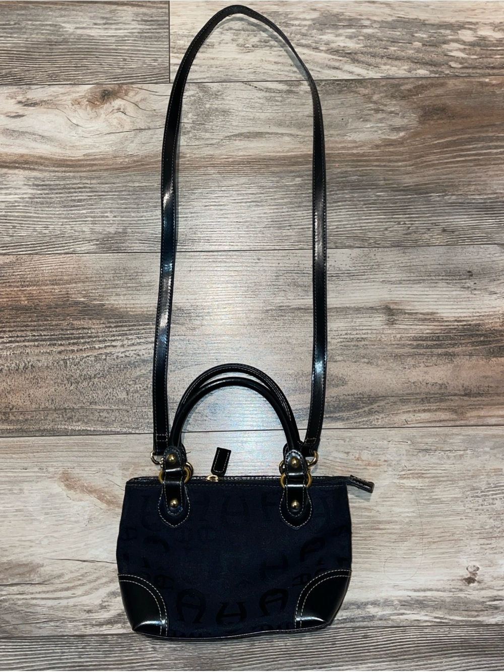 Etienne Aigner Signature Logo Handbag Mini Bag Purse Black Leather Trim Shoulder